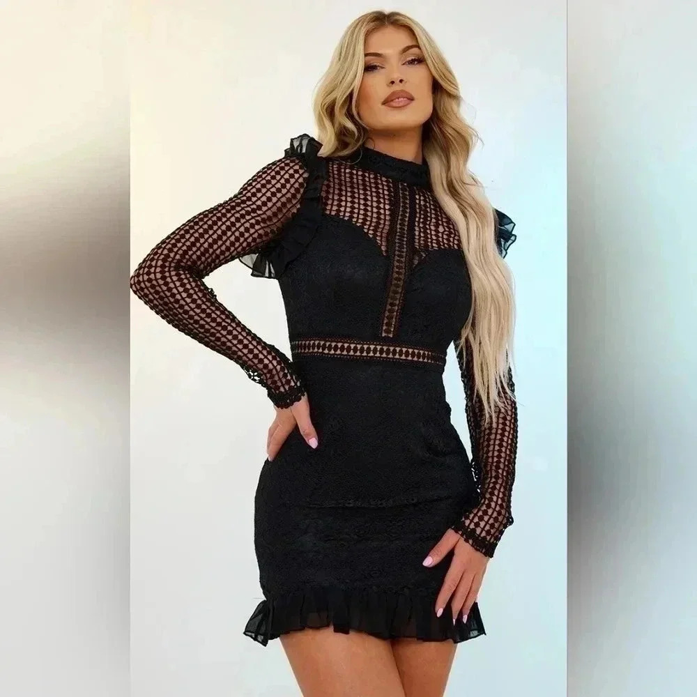 Black Lace Chiffon Frill Detail Bodycon Dress